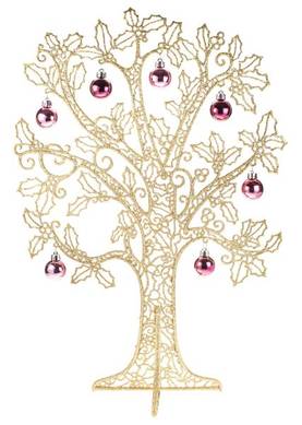 5020 Kultaglitteri pöytäpuu pinkeillä ja viininpunaisilla palloilla 50cm, Weiste - Muut - 182022 - 1