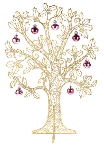 5020 Kultaglitteri pöytäpuu pinkeillä ja viininpunaisilla palloilla 50cm, Weiste - Muut - 182022 - 1