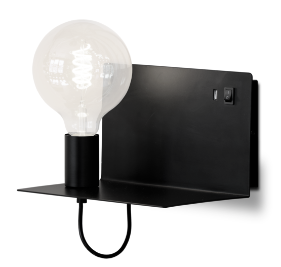 S39810-1MU Roy - seinävalaisin 2A USB-latauspaikalla ja hyllyllä, musta, E27, Sessak - Seinävalaisimet - 182444 - 1
