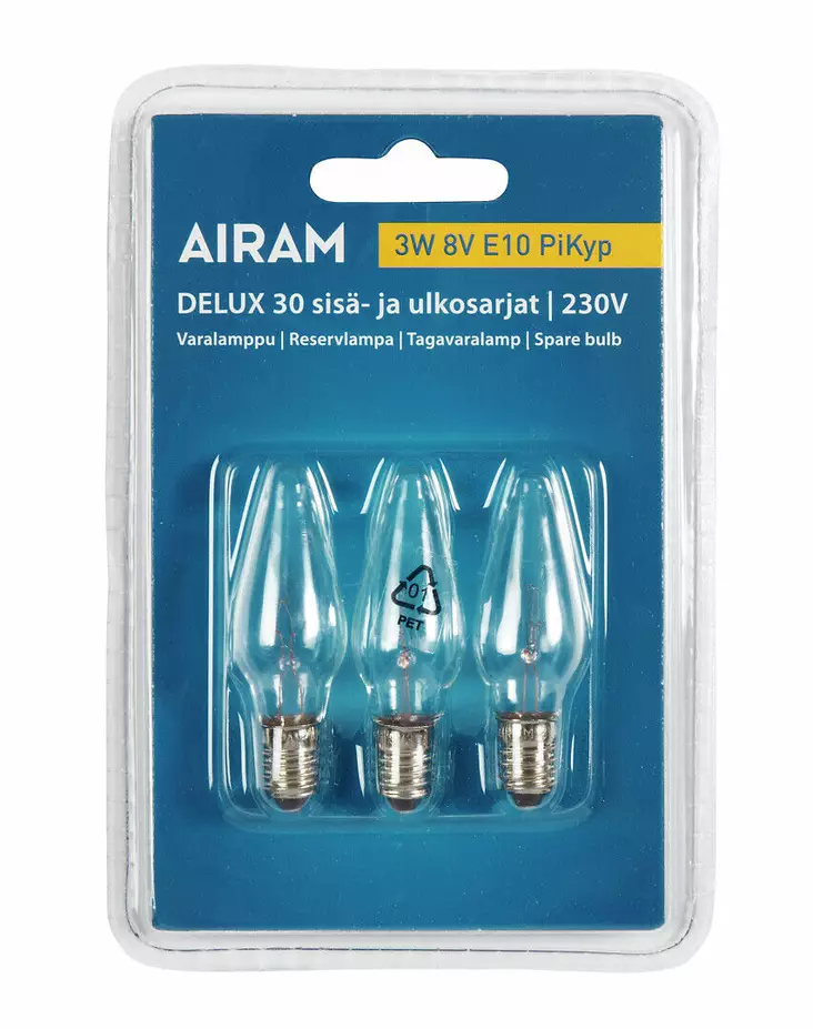 4779302 PiKyp 3W 8V E10 varalamppu x 3, 30-osaiseen kynttiläsarjaan, Airam - Varalamput - 006598 - 1